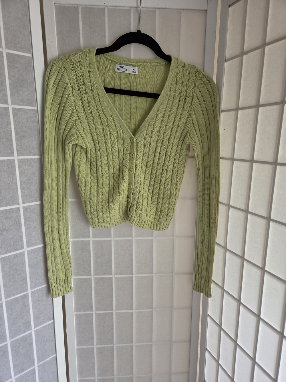Hollister Sage Green Cable Knit V-Neck Button Crop Cardigan